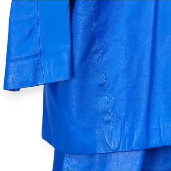 80s Retro Blue Leather Blazer Jacket Vintage Size L - Picture 12 of 16